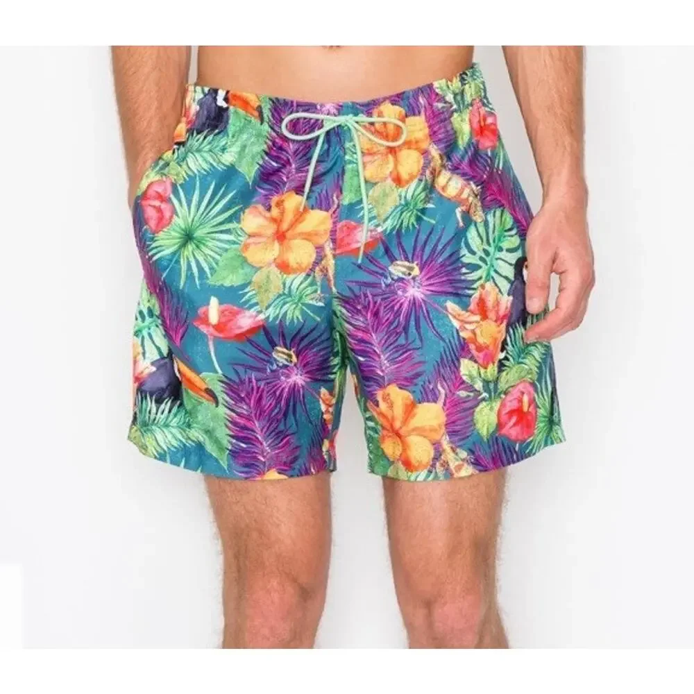 Ring Of Fire Tropical Blue Floral Fiesta Jungle Swim Trunk 6” Shorts Size S